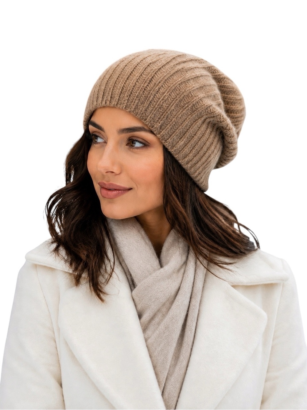 Portolano 100% Cashmere Cable Rib Slouchy Beanie Camel Taupe OS